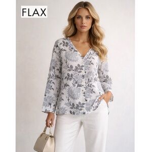 FLAX 100% Linen Floral V-Neck Button Front Shirt M NWOT Lagenlook Long Sleeve